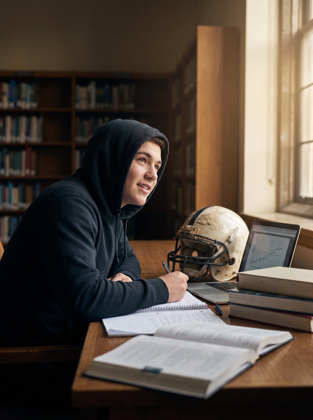 Student athlete studying with a football helmet beside his books